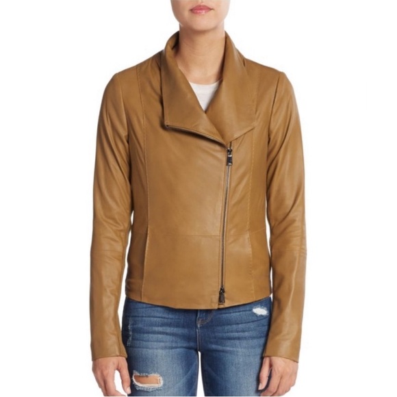 $995 Womens VINCE Scuba Distressed Tan/Brown Leather Moto Jacket Size Small - Picture 2 of 11